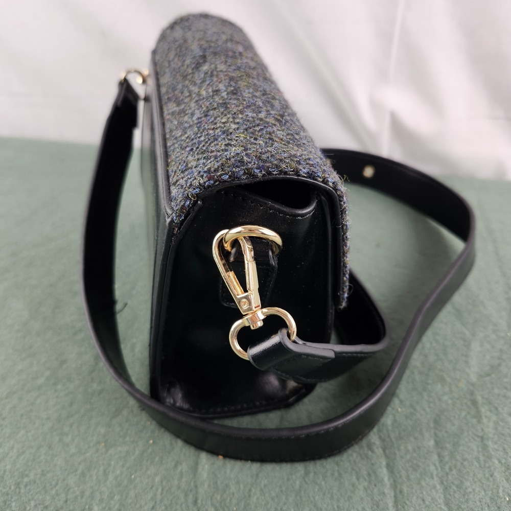 Harris Tweed Crossbody Bag w/ Goldtone Accent Black Leather Snow Paw Herringbone - Picture 7 of 12